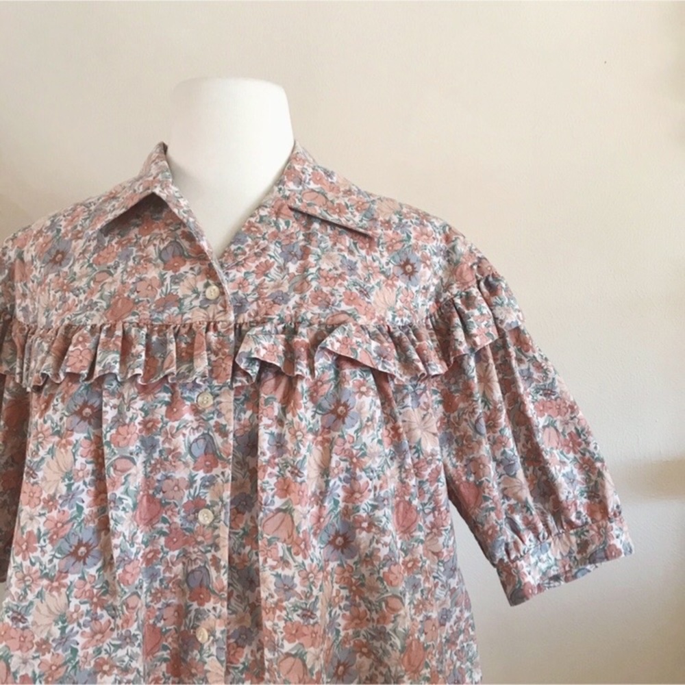 VINTAGE Floral Ruffle Collar Button Up Blouse - Picture 6 of 7
